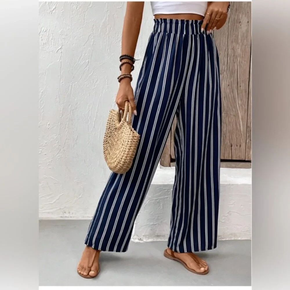 Striped Wide Leg Pants Blue